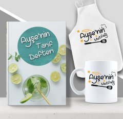 Kişiye Özel İsimli Mutfak Önlüğü Kupa ve Yemek Tarif Defteri Hediye Seti-19