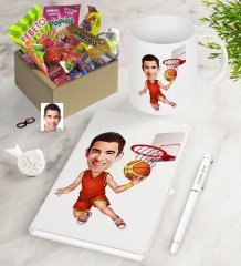 Kişiye Özel Bay Basketbolcu Karikatürlü Nostaljik Lezzetler Defter Kalem Kupa Seti