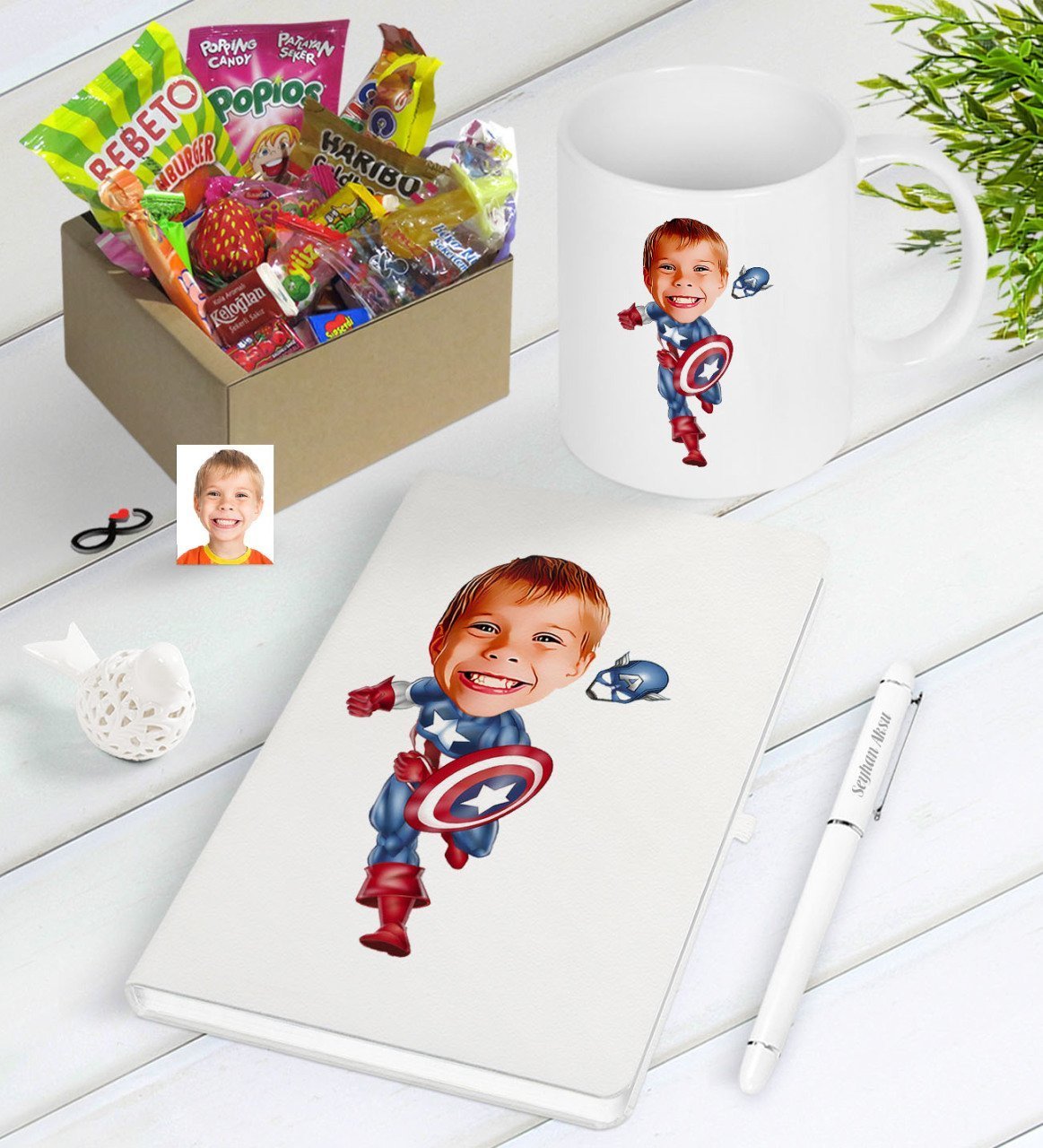 Kişiye Özel Erkek Çocuk Kaptan Amerika Karikatürlü Nostaljik Lezzetler Defter Kalem Kupa Hediye Seti