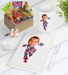 Kişiye Özel Erkek Çocuk Kaptan Amerika Karikatürlü Nostaljik Lezzetler Defter Kalem Kupa Hediye Seti