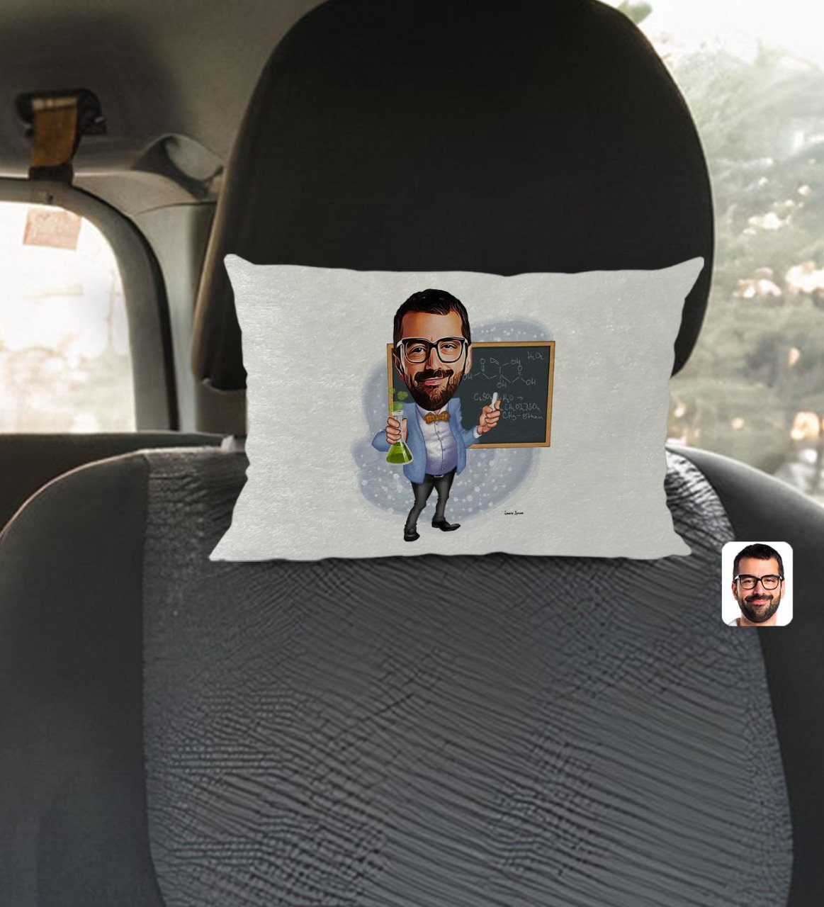 Kişiye Özel Erkek Kimya Öğretmeni Karikatürlü Dikdörtgen Araç Koltuk Yastığı-1