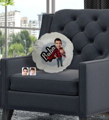 Kişiye Özel Baba Kız Karikatürlü Yuvarlak Dekoratif Kırlent Yastık-4