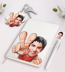Kişiye Özel Erkek Karikatürlü Beyaz Defter Kalem Ve Anahtarlık Hediye Seti-33