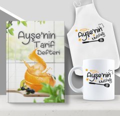 Kişiye Özel İsimli Mutfak Önlüğü Kupa ve Yemek Tarif Defteri Hediye Seti-18
