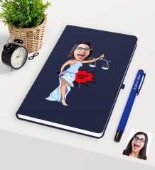 Kişiye Özel Bayan Avukat Karikatürlü Lacivert Defter Kalem Seti - 1