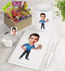 Kişiye Özel Bay Antrenör Karikatürlü Nostaljik Lezzetler Defter Kalem Kupa Seti