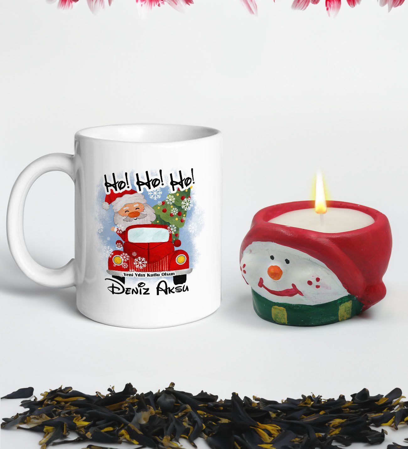 Yılbaşı Hediyesi BK Gift Kişiye Özel Yeni Yıl Tasarımlı Beyaz Kupa Bardak ve El Yapımı Kardan Adam Kokulu Mum Hediye Seti-2, Sevgiliye, Arkadaşa Hediye