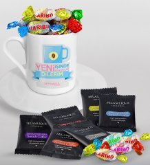 Kişiye Özel Yeni İşinde Başarılar Dilerim Türk Kahvesi Fincanı Selamlique Karışık Türk Kahvesi ve Haribo Şeker Hediye Seti-4