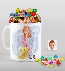 Kişiye Özel Bayan Doğum Günü Karikatürlü Kupa ve Haribo Fruitbons Şeker Hediye Seti-10