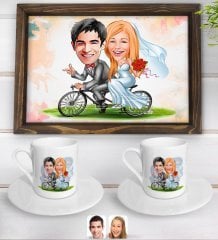 Kişiye Özel Evleniyoruz Karikatürlü Doğal Ahşap Tepsi ve 2’li Kahve Fincan Seti-3