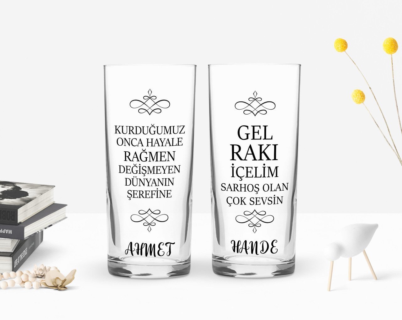 Kişiye Özel Renkli Baskılı Gel Rakı İçelim Tasarımlı İkili Rakı Bardağı Seti-1