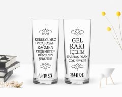 Kişiye Özel Renkli Baskılı Gel Rakı İçelim Tasarımlı İkili Rakı Bardağı Seti-1