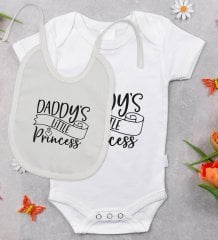 BK Kids Daddy's Little Princess Tasarımlı Bebek Body Zıbın ve Mama Önlüğü Hediye Seti - Model 1