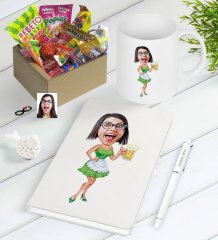 Kişiye Özel Bayan Karikatürlü Nostaljik Lezzetler Defter Kalem Kupa Hediye Seti-30