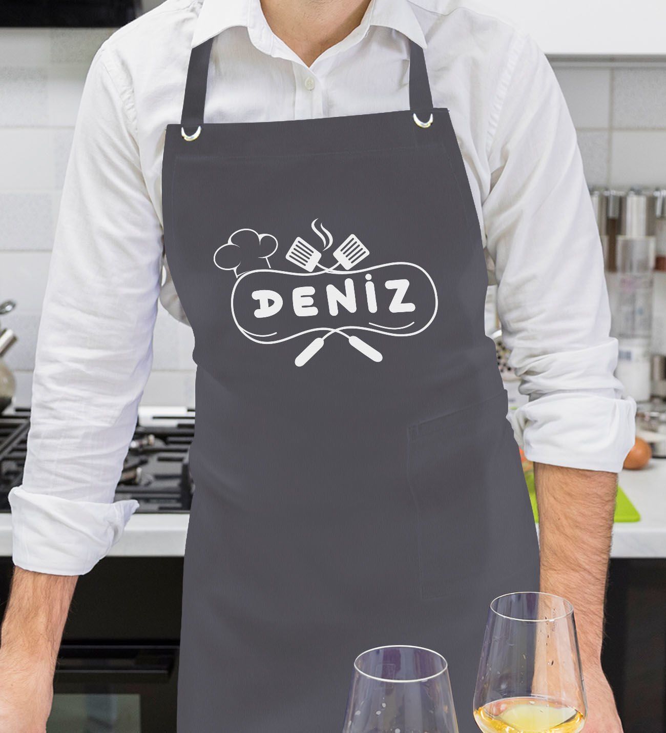 BK Gift Kişiye Özel İsimli Chef Tasarımlı Profesyonel Antrasit Mutfak Önlüğü, Aşçı Önlüğü, Şef Önlüğü, Arkadaşa Hediye-12