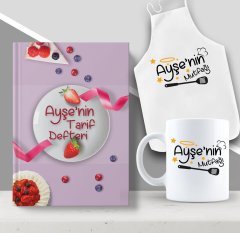 Kişiye Özel İsimli Mutfak Önlüğü Kupa ve Yemek Tarif Defteri Hediye Seti-16