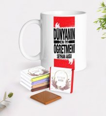 Kişiye Özel Dünyanın En İyi Öğretmeni Beyaz Kupa ve Çikolata Hediye Seti-1