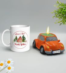 Yılbaşı Hediyesi BK Gift Kişiye Özel Yeni Yıl Tasarımlı Beyaz Kupa Bardak ve Plakalı Nostaljik Vosvos Mum Hediye Seti-13, Sevgiliye, Arkadaşa Hediye