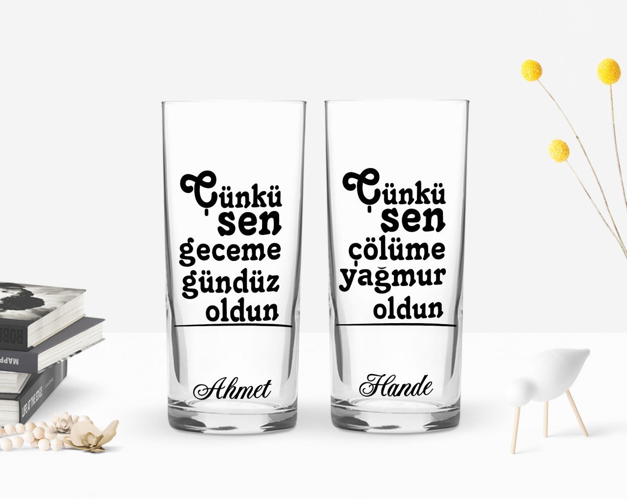 Kişiye Özel Renkli Baskılı Çünkü Sen Tasarımlı İkili Rakı Bardağı Seti-1
