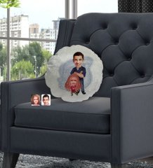 Kişiye Özel Baba Kız Karikatürlü Yuvarlak Dekoratif Kırlent Yastık-1