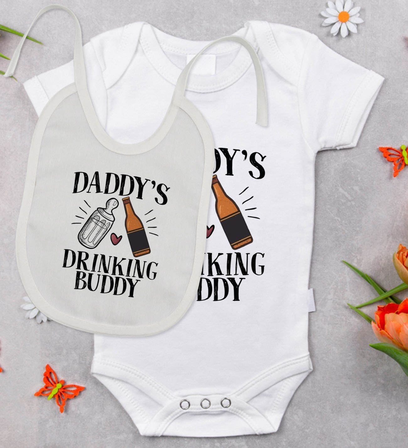 BK Kids Daddy's Drinking Buddy Tasarımlı Bebek Body Zıbın ve Mama Önlüğü Hediye Seti - Model 2