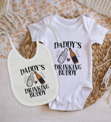 BK Kids Daddy's Drinking Buddy Tasarımlı Bebek Body Zıbın ve Mama Önlüğü Hediye Seti - Model 2
