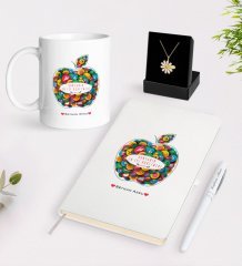 Kişiye Özel Dünyanın En İyi Öğretmeni Beyaz Kupa Defter Kalem ve İsimli Papatya Kolye Hediye Seti-12
