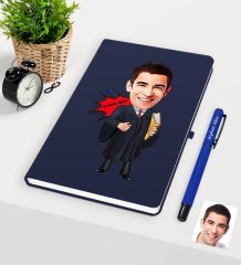 Kişiye Özel Bay Avukat Karikatürlü Lacivert Defter Kalem Seti - 1