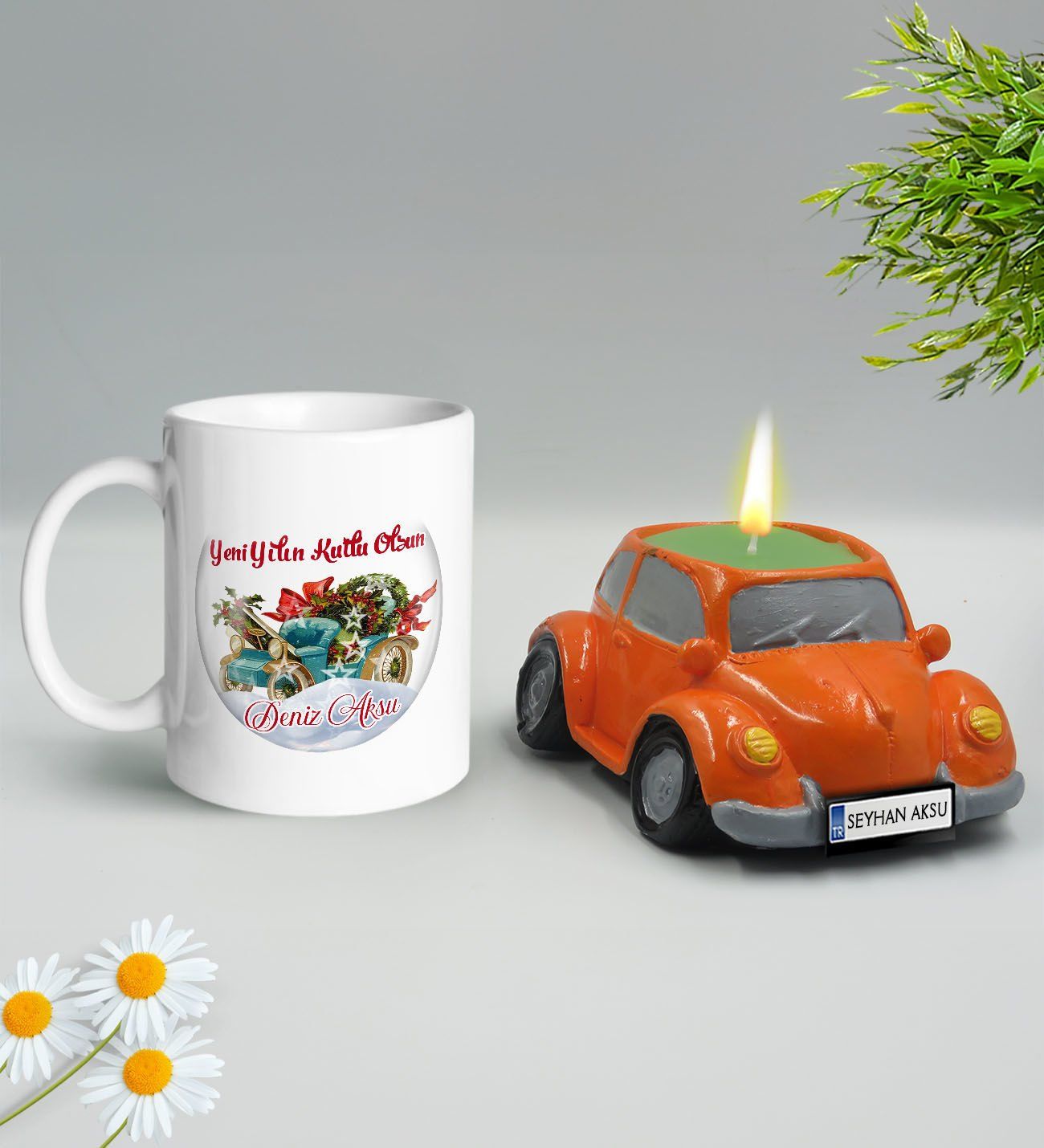 Yılbaşı Hediyesi BK Gift Kişiye Özel Yeni Yıl Tasarımlı Beyaz Kupa Bardak ve Plakalı Nostaljik Vosvos Mum Hediye Seti-12, Sevgiliye, Arkadaşa Hediye