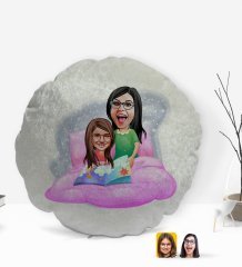Kişiye Özel Anne Kız Karikatürlü Yuvarlak Dekoratif Kırlent Yastık-3