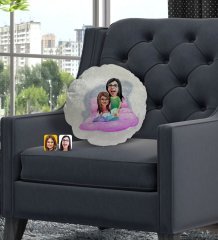 Kişiye Özel Anne Kız Karikatürlü Yuvarlak Dekoratif Kırlent Yastık-3