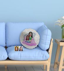Kişiye Özel Anne Kız Karikatürlü Yuvarlak Dekoratif Kırlent Yastık-3
