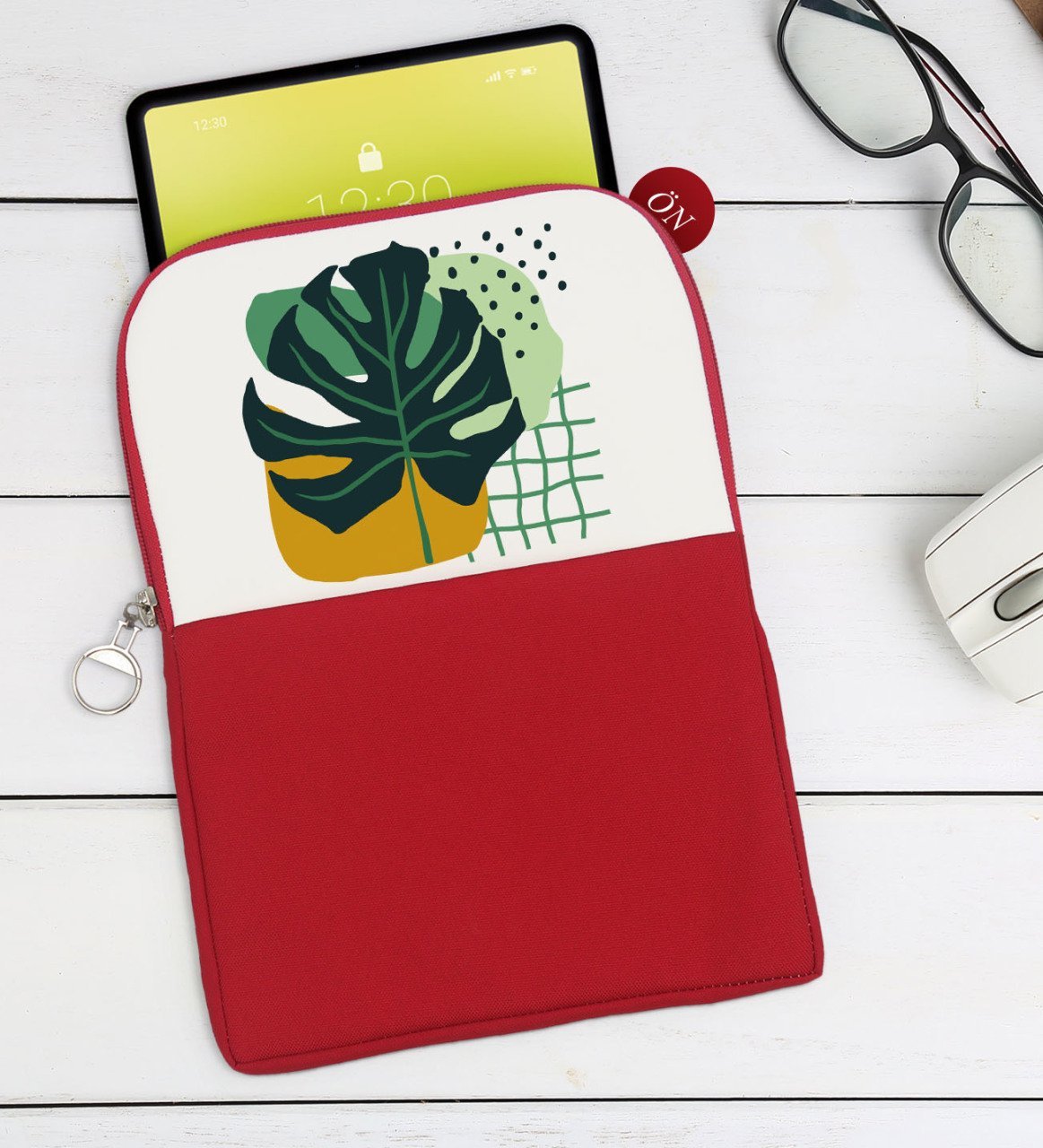 BK Gift Yaprak Tasarımlı Taşınabilir Koruyucu Tablet Kılıfı & Organizer Çanta - Kırmızı-1