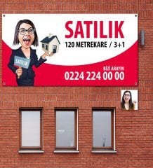 Kişiye Özel Karikatür Satılık & Kiralık Afiş Branda (1 metre X 2 metre) Model 1