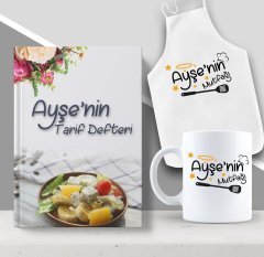 Kişiye Özel İsimli Mutfak Önlüğü Kupa ve Yemek Tarif Defteri Hediye Seti-14