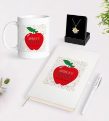 Kişiye Özel Dünyanın En İyi Öğretmeni Beyaz Kupa Defter Kalem ve İsimli Papatya Kolye Hediye Seti-11