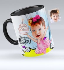 Kişiye Özel Kız Çocuk Doğum Günü Karikatürlü Siyah Kupa Bardak - 1