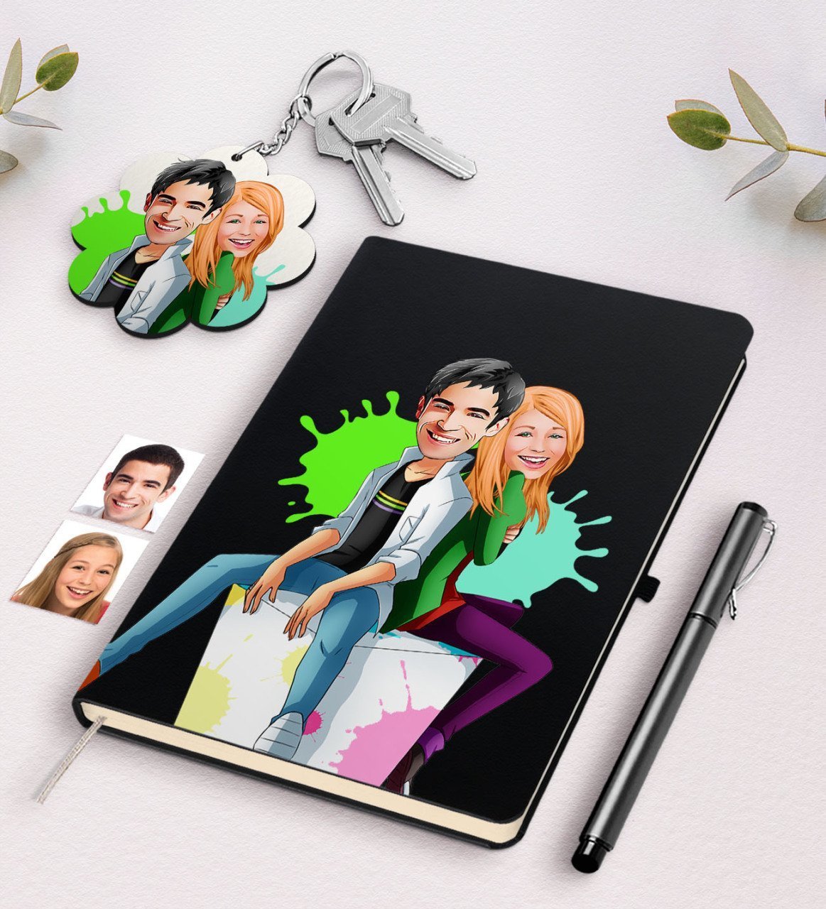 Kişiye Özel Sevgililer Karikatürlü Siyah Defter Kalem Ve Anahtarlık Hediye Seti-35