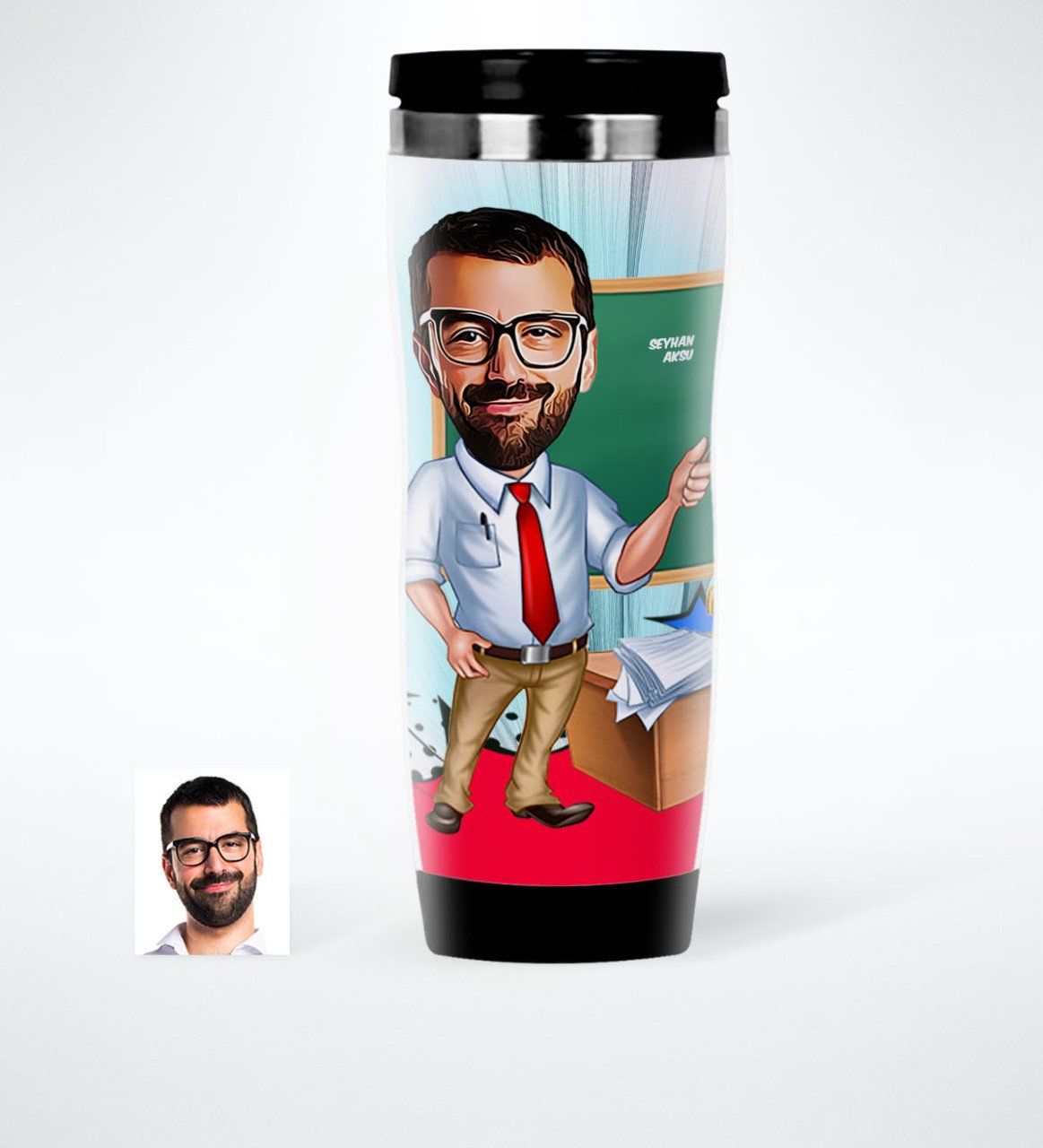 Kişiye Özel Bay Öğretmen Karikatürlü Çelik Termos Bardak - 1