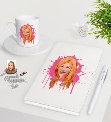 Kişiye Özel Kadın Karikatürlü Beyaz Defter Kalem Türk Kahvesi Fincanı Seti-31