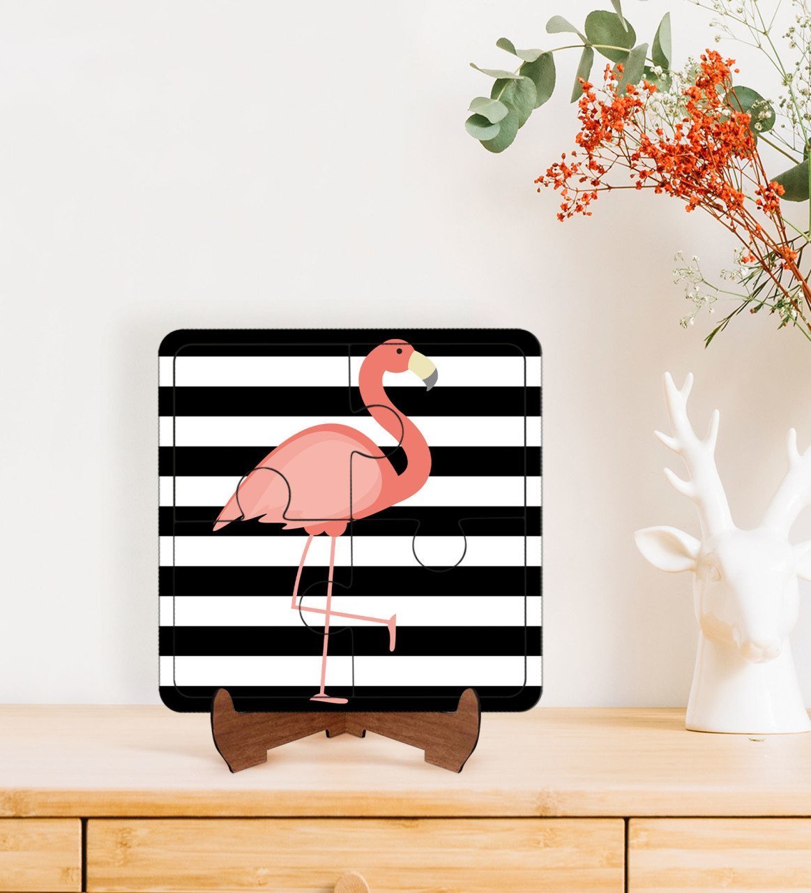 BK Gift Flamingo Tasarımlı Ahşap Standlı Puzzle Çerçeve-1