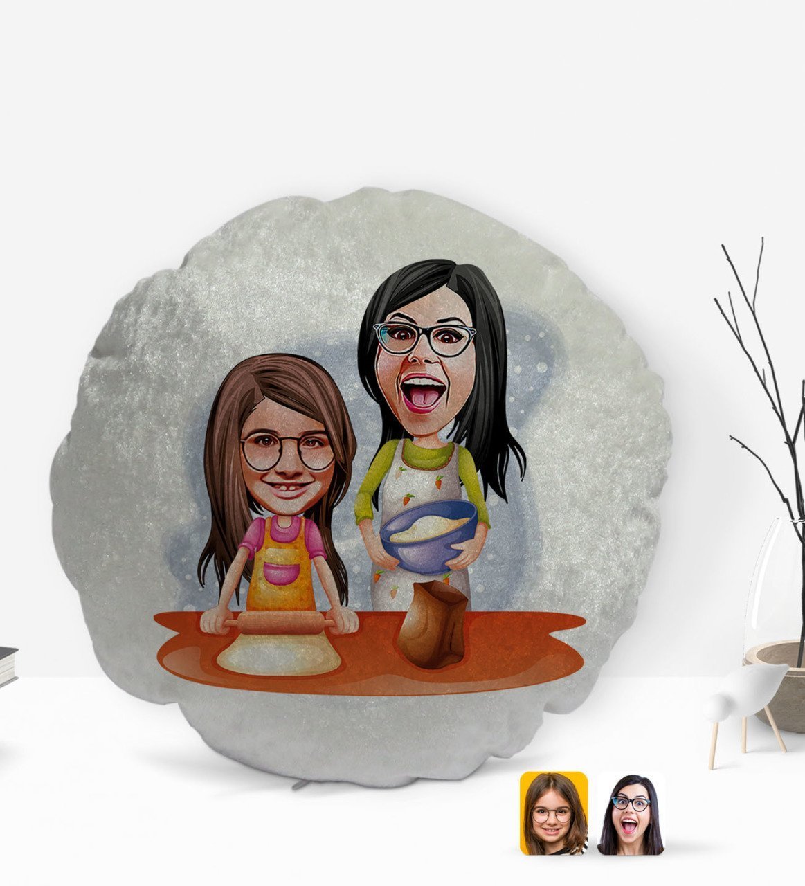 Kişiye Özel Anne Kız Karikatürlü Yuvarlak Dekoratif Kırlent Yastık-2