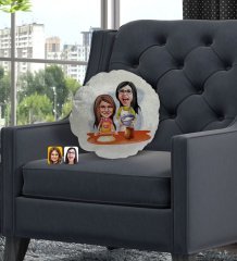 Kişiye Özel Anne Kız Karikatürlü Yuvarlak Dekoratif Kırlent Yastık-2
