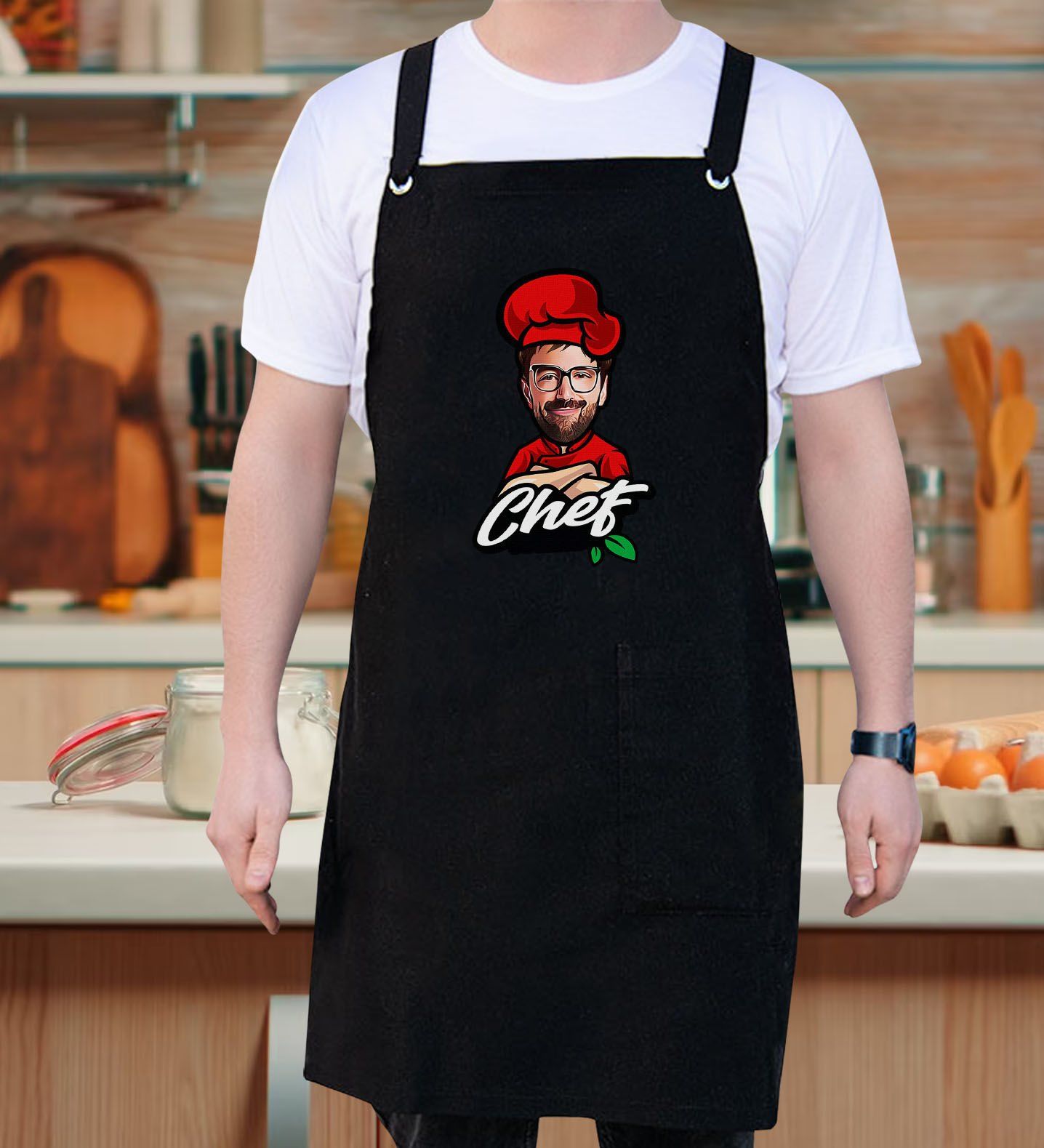 BK Gift Kişiye Özel Karikatürlü Chef Tasarımlı Profesyonel Siyah Mutfak Önlüğü, Aşçı Önlüğü, Şef Önlüğü, Arkadaşa Hediye-4