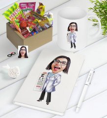 Kişiye Özel Bayan Göz Doktoru Karikatürlü Nostaljik Lezzetler Defter Kalem Kupa Hediye Seti
