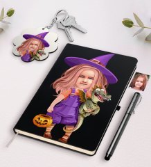 Kişiye Özel Küçük Cadı Karikatürlü Siyah Defter Kalem Ve Anahtarlık Hediye Seti-1