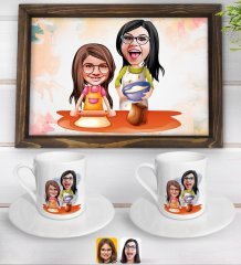 Kişiye Özel Anne Kız Karikatürlü Doğal Ahşap Tepsi ve 2’li Kahve Fincan Seti-2