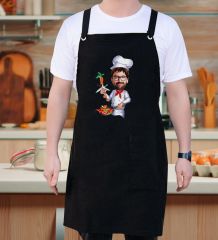 BK Gift Kişiye Özel Karikatürlü Chef Tasarımlı Profesyonel Siyah Mutfak Önlüğü, Aşçı Önlüğü, Şef Önlüğü, Arkadaşa Hediye-3