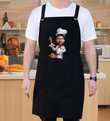 BK Gift Kişiye Özel Karikatürlü Chef Tasarımlı Profesyonel Siyah Mutfak Önlüğü, Aşçı Önlüğü, Şef Önlüğü, Arkadaşa Hediye-3