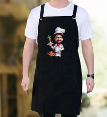 BK Gift Kişiye Özel Karikatürlü Chef Tasarımlı Profesyonel Siyah Mutfak Önlüğü, Aşçı Önlüğü, Şef Önlüğü, Arkadaşa Hediye-3